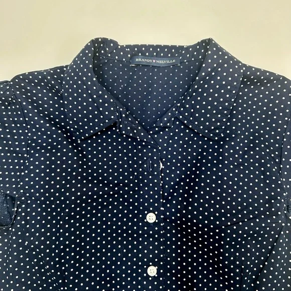 Brandy Melville Rue Polka Dots Top, Navy, Button Down, size small, NWOT - Picture 11 of 12